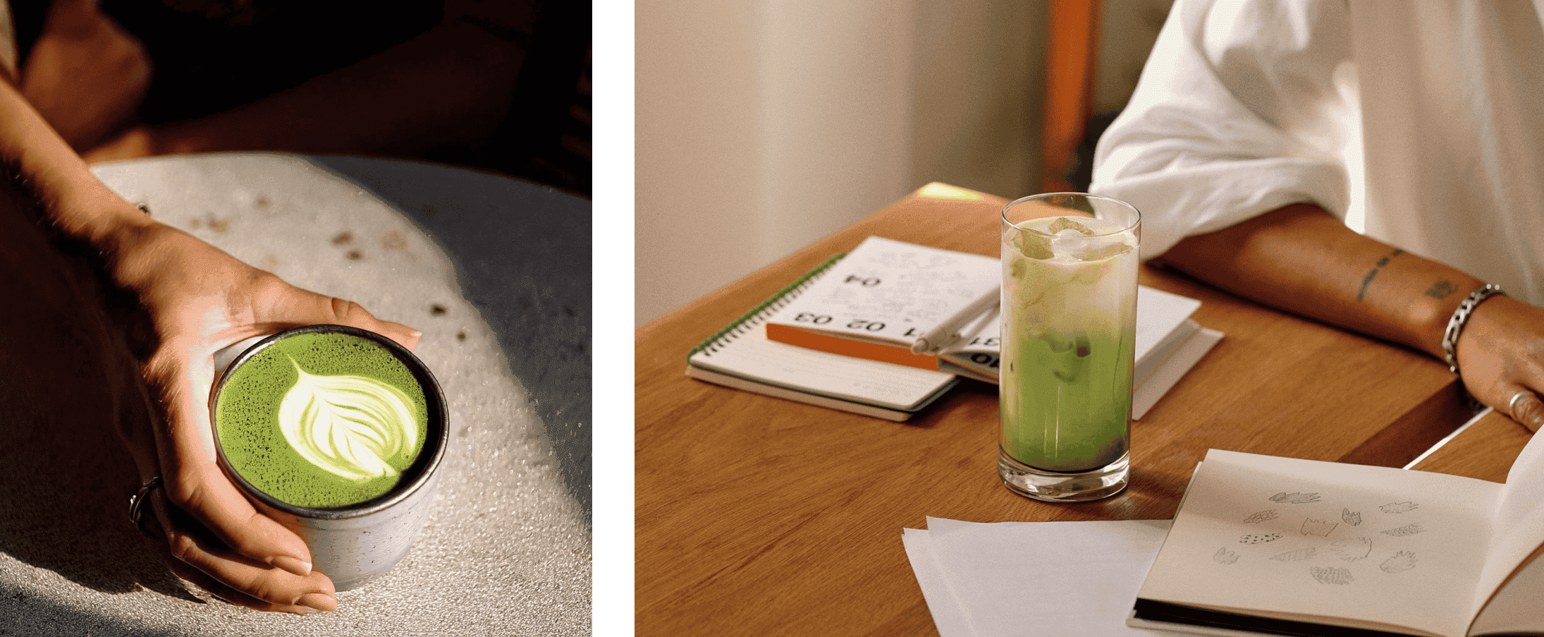 person enjoying a Yogi Barista matcha latte while working